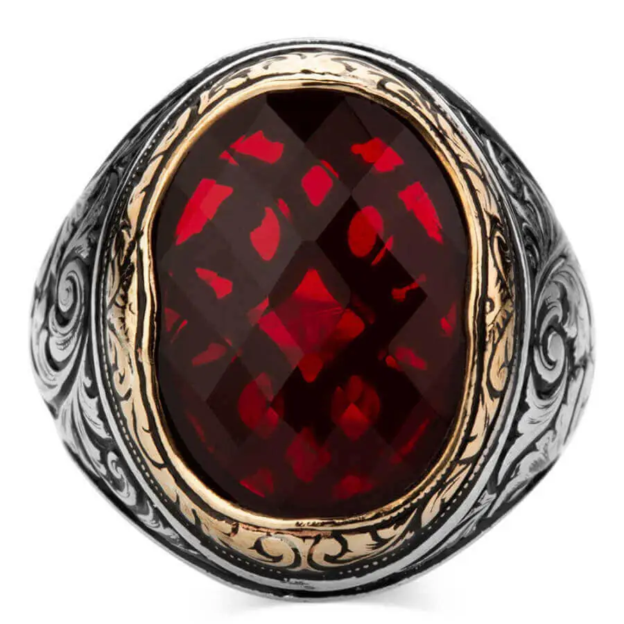 Intricately Inlaid Sterling Silver Mens Ring with Red Zircon Stonework Fashion Turkish Premium Quality Handmade Jawelery