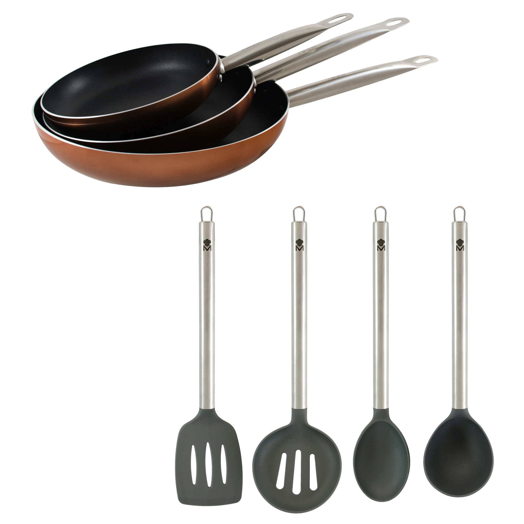 Set of 3 20/24/28 cm pans and set of 4 kitchen utensils San Ignacio Masterpro