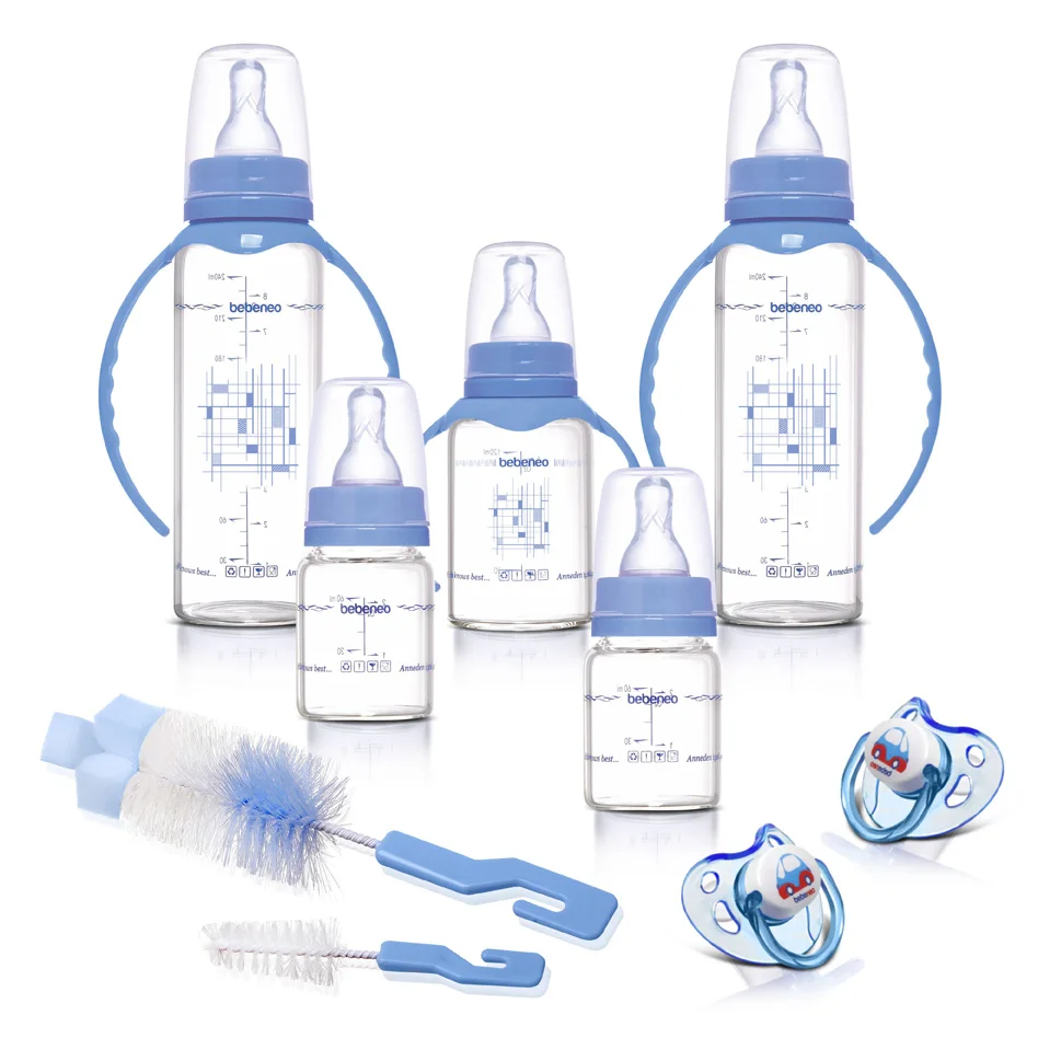 Heat Resistant Feeding Glass Bottle Sets 9 Pcs | Brush | Orthodontic Soother Pacifier | Baby Gift