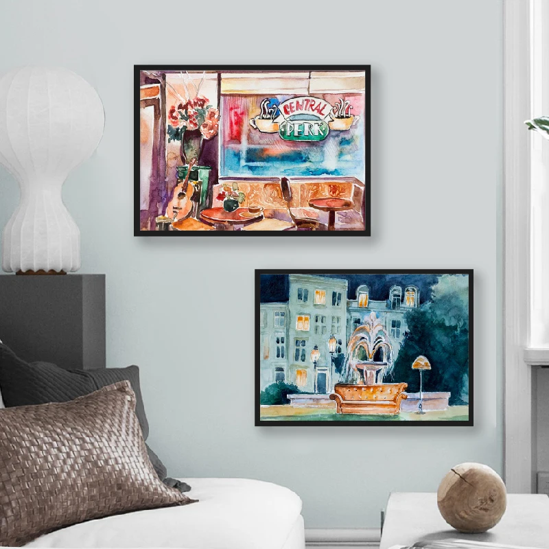 Wall Art Friends TV Show Fontain Watercolor Poster Prints , 90s Sitcom Central Perk Couch Canvas Painting Tv Series Poster Decor