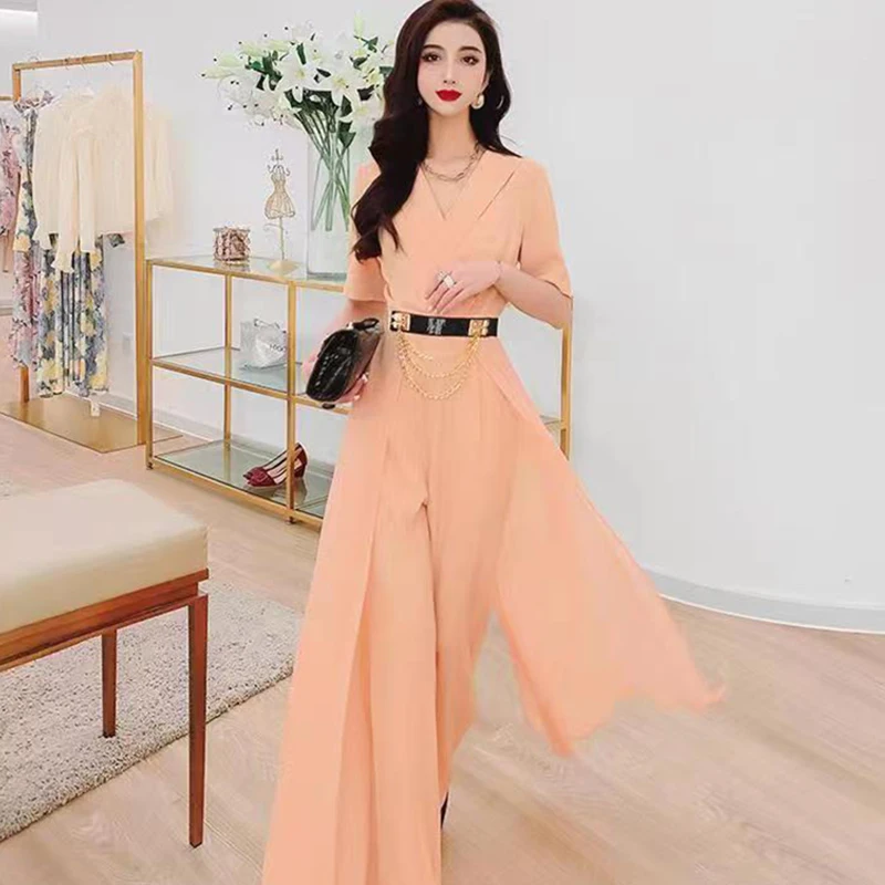 Bộ Quần Áo Mùa Hè 2022 Mới Voan Nối Nữ Cao Cấp Ống Rộng Jumpsuit Nữ Tính Khí Của Cổ Chữ V Jumpsuit