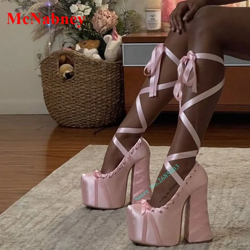 Sweet Pink Platform Lace Up Sandals Women Shoes Chunky High Heel Cross Tied Sandals Solid Bow Knot Sexy Summer Party Prom Shoes