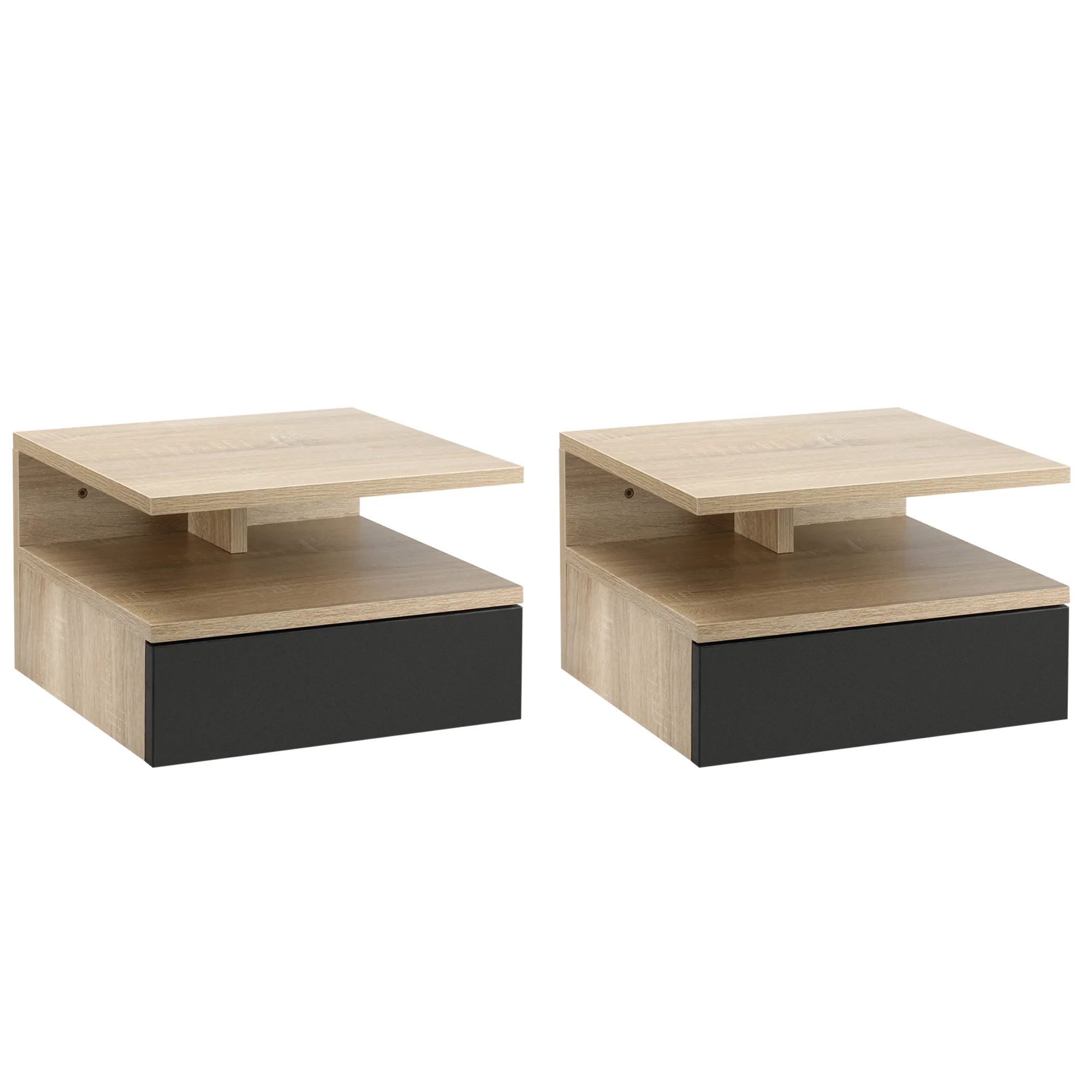 HOMCOM Set of 2 Floating bedside tables with 1 drawer and open shelf wall mounted 35x32x22,5 cm Oak and black