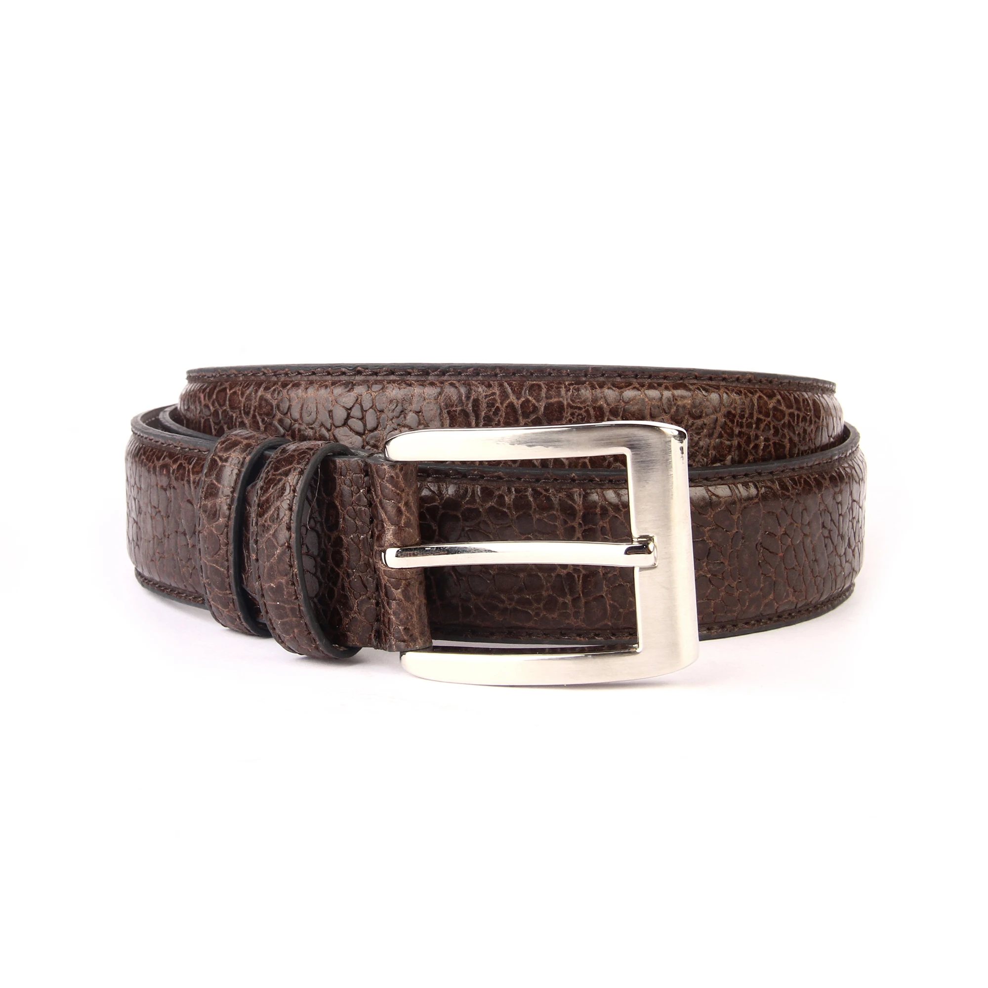 Handmade Brown Leather Belt, Embossed Patterned Genuine Calfskin Leather, Men's Casual Fashion Accessories Denim Jeans