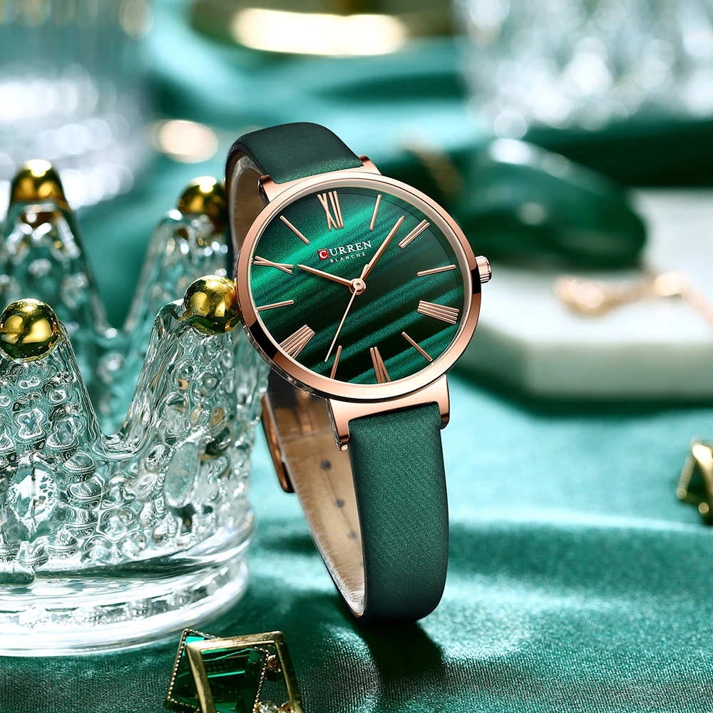 Reloj Mujer CURREN Luxury Watch for Women Fashion Malachite Green Quartz Dress Bracelet Wristwatch with Leather Female Clock