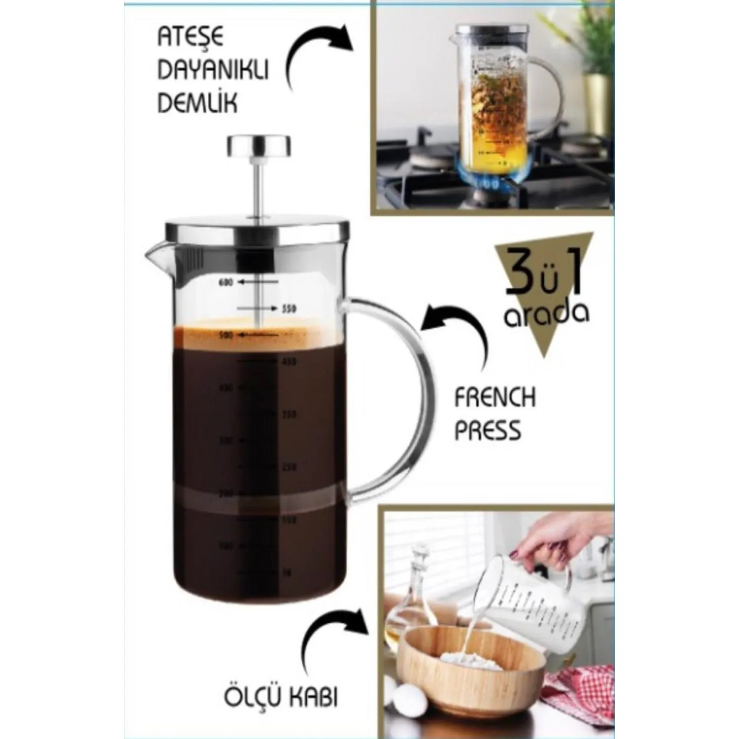 VIPGROSS Cambu 3-in-1 French Press 600 ml Fireproof borosilicate teapot Measuring cup and French Press Filter coffee infuser