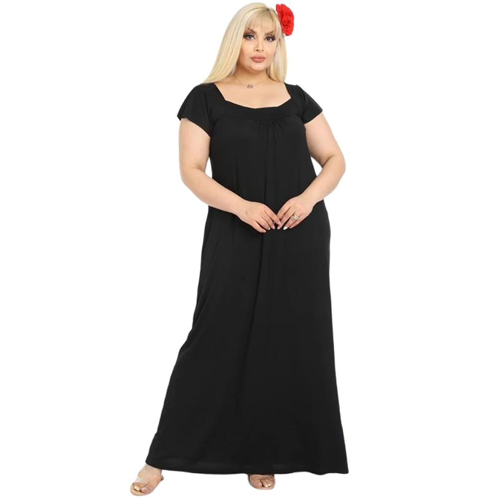 Hanezza Plus Size Women Fashion 2021 Summer Clothing Solid Ankle-Lenght Short Sleeve Elegant Viscose Dress + 2XL - 6XL + Large Size Square Collar Pocketless Chic Tops 42 - 52 EU Casual Wear Female Plus Body Type Black