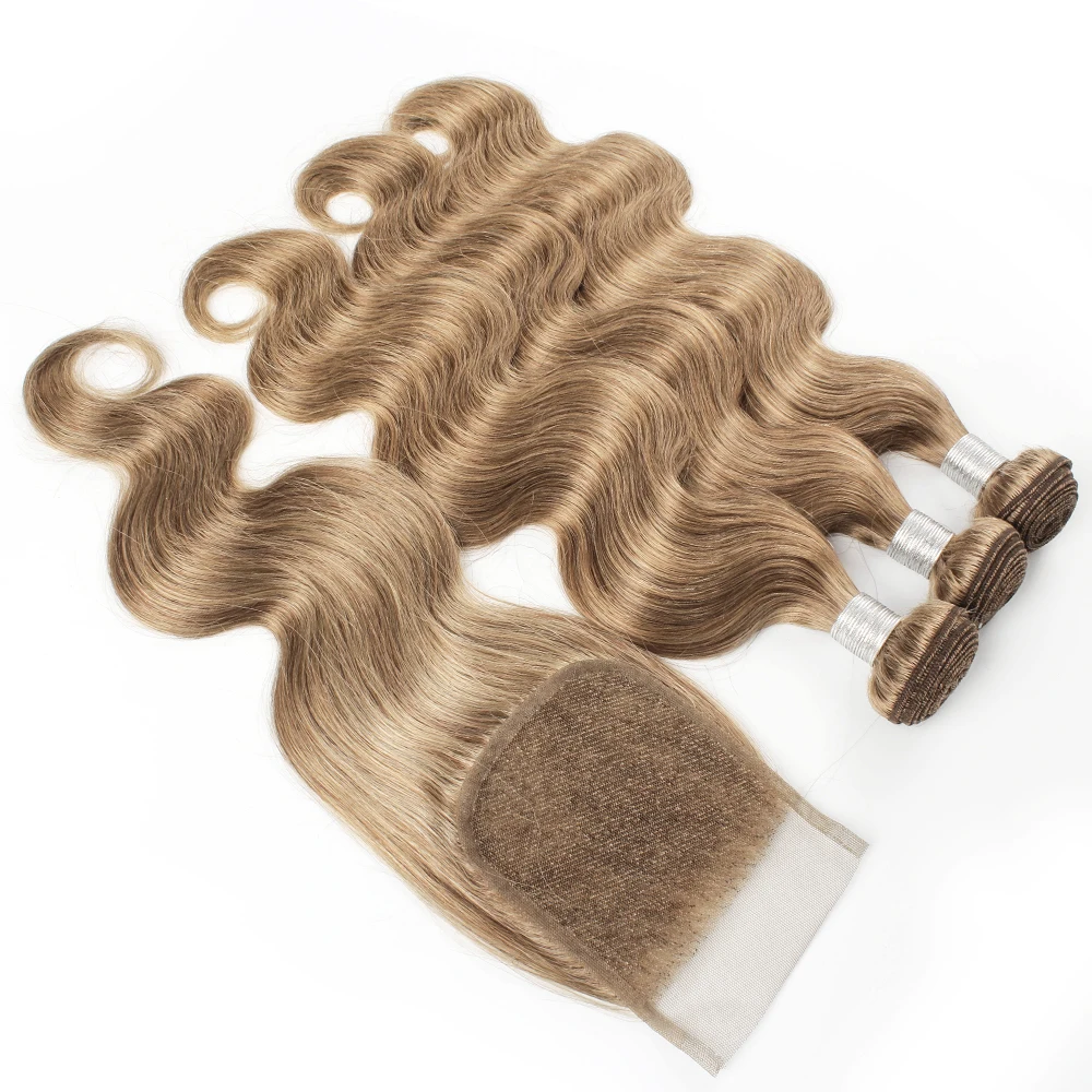 Gemlong-extensiones de cabello humano brasileño Remy para toda la cabeza, con cierre de encaje 3 mechones 4x4, onda corporal #8 #27 #30, 300 g/lote