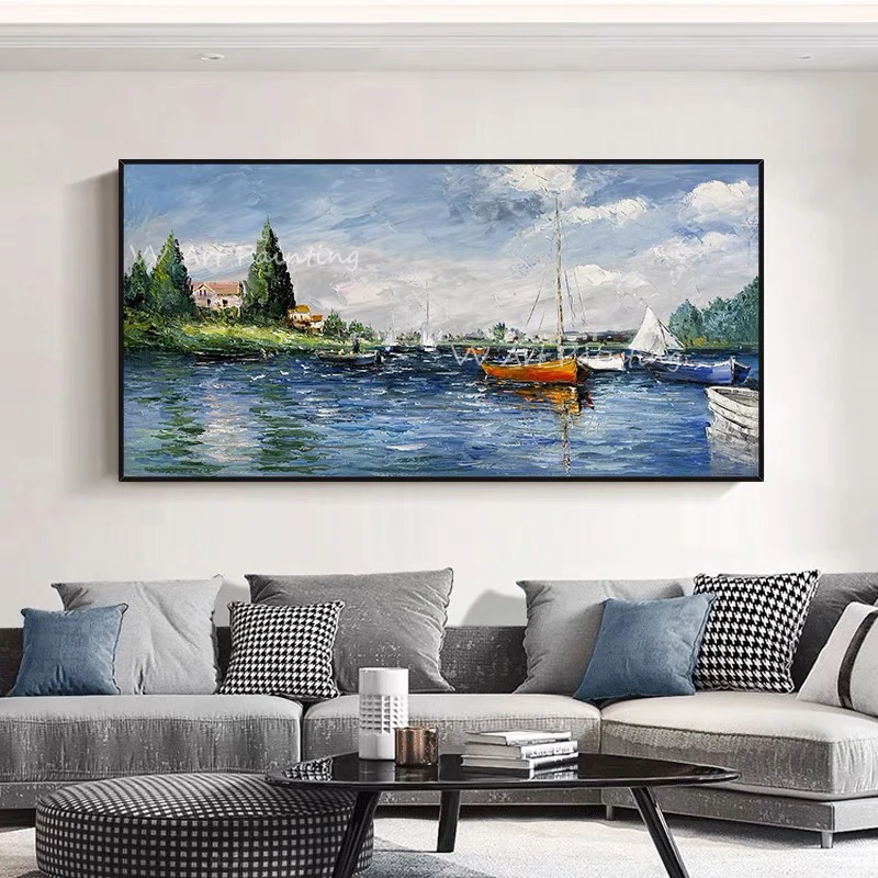 High Quality large size beautiful scenery landscape thick lake blue sky picture modern Oil Painting Handmade Wall Arts