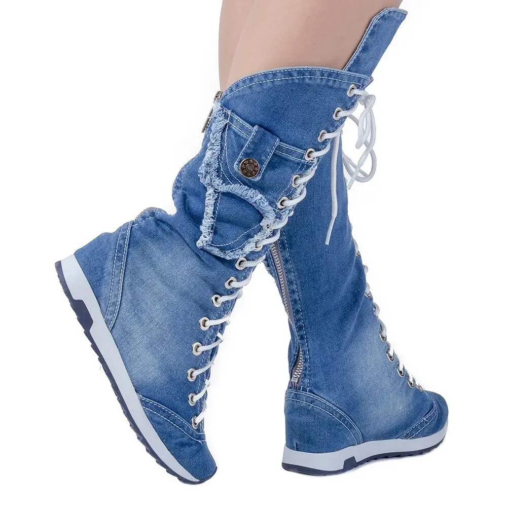 Denim Fabric Boots Handmade Embroidered Sports Shoes Denim Fabric Boot Laced Handmade Sports Shoes /women\'s shoes,