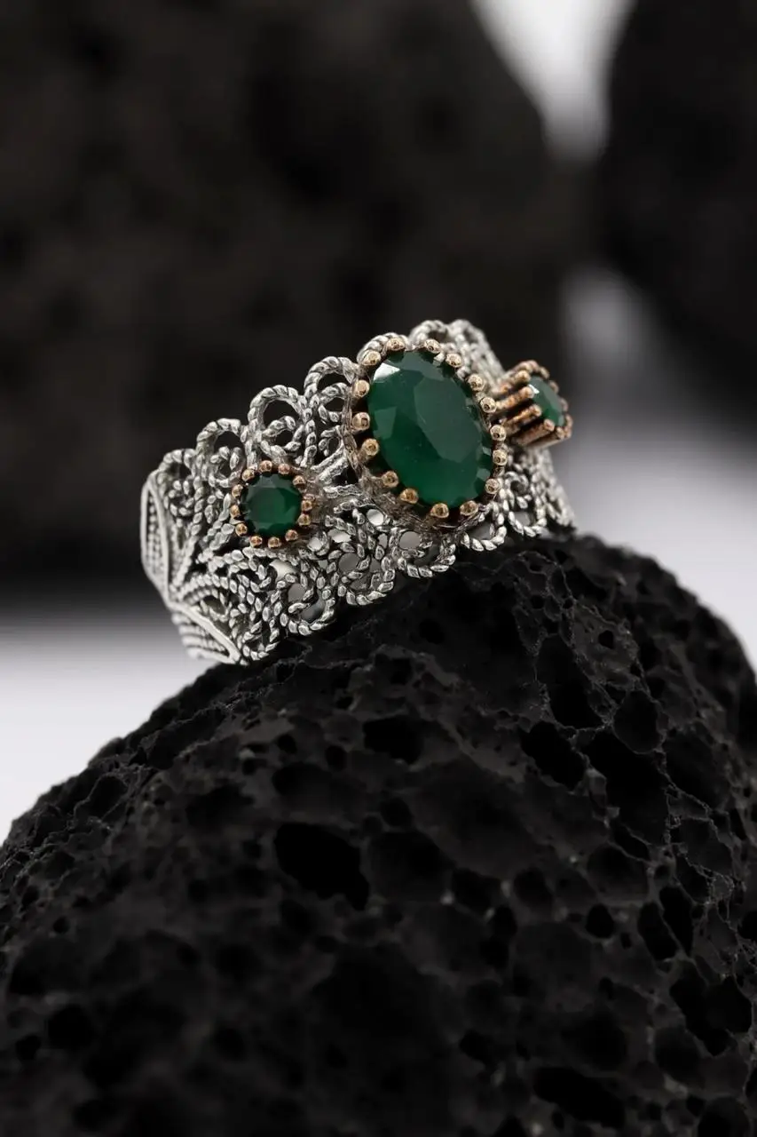 925 Sterling Silver Emerald Filigree Ring Inlaid Mardin Assyrian Turkish Special Adjustable Finger Width Collet Women Jewelry