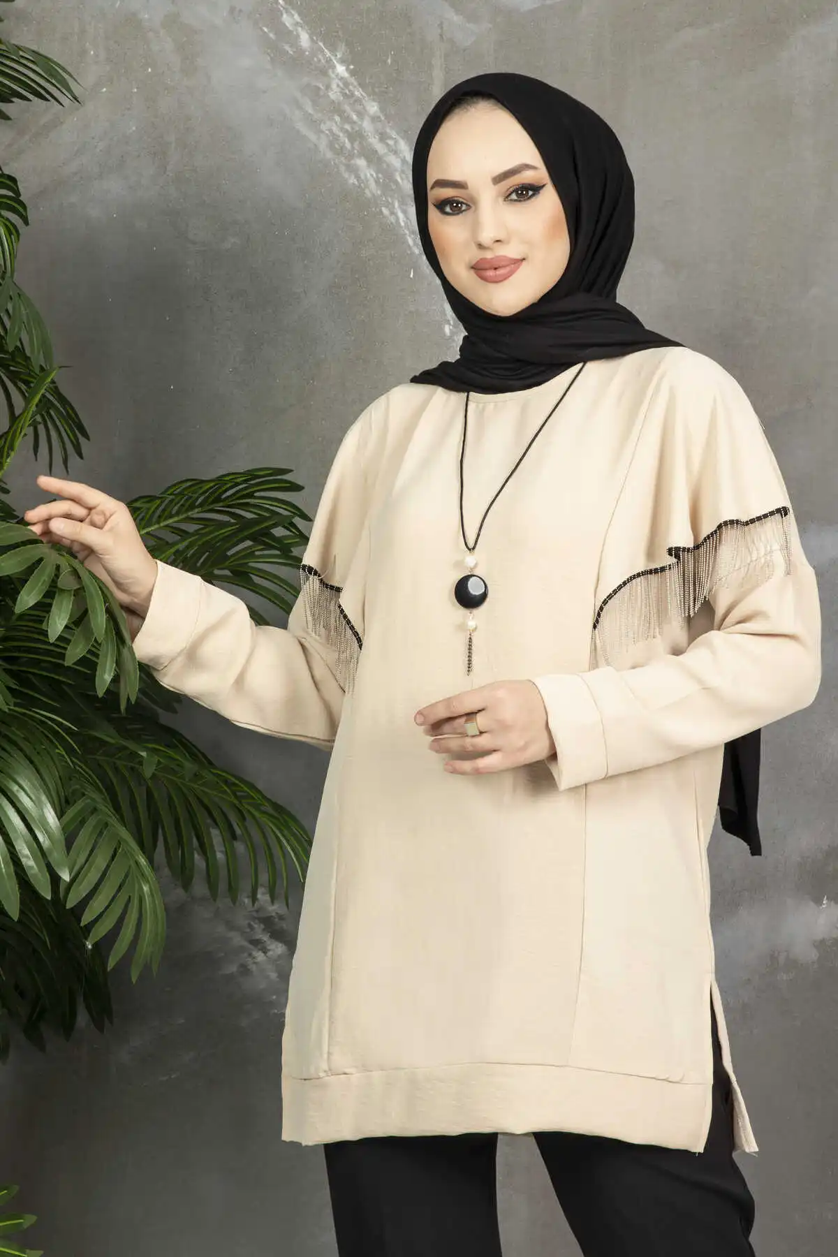 Chain Detail Veiling Hijab Tunic Muslim Women Long Tops Eid Ramadan Turkey Islamic Clothing Dubai Abaya Shirts Arabic Female