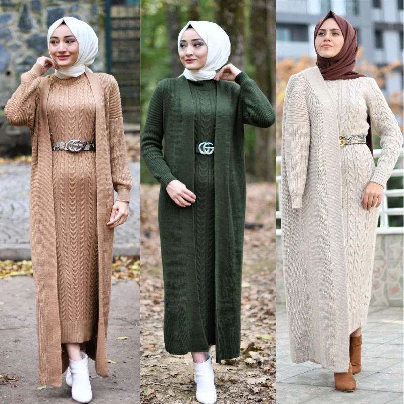 2 piece women suit knitted dress + vest cardigan muslim fashion couple suit turkey muslim fashion new season Abaya hijab