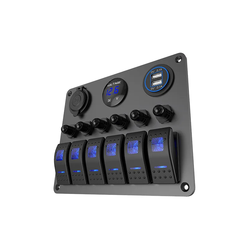 5/6 Gang Switch Panel Marine Boat Rocker ON-OFF LED Voltage Display+5V 3.1A USB Charger+Cigarette Lighter for Truck Boat Car