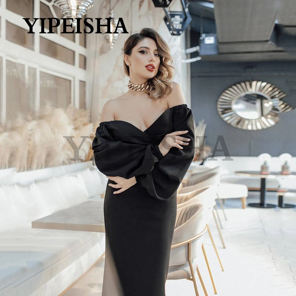 Customized Sweetheart Off The Shoulder Evening Dresses Simple Backless Long Sleeve Satin Prom Party Gown Robe De Soirée Femme Ve