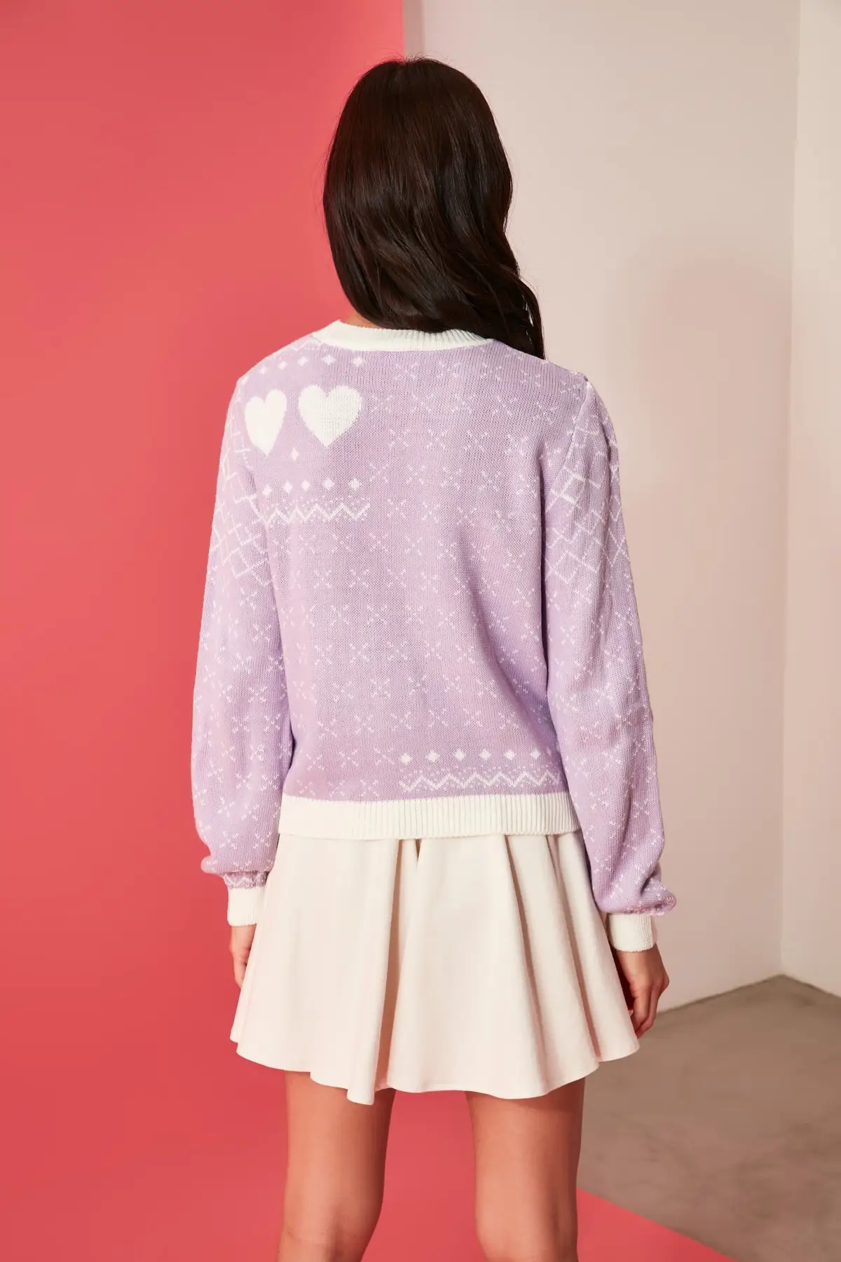 Lilac White Heart Pattern Jacquard Knitwear Sweater