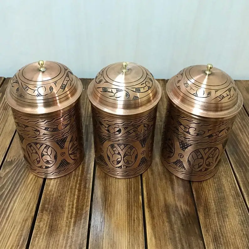 

Personalized Turkish Handmade Copper Jar Set with Lid, 100% Copper 3-Piece Spice Set Vintage Copper Kitchen Utensil Set, Kitchen