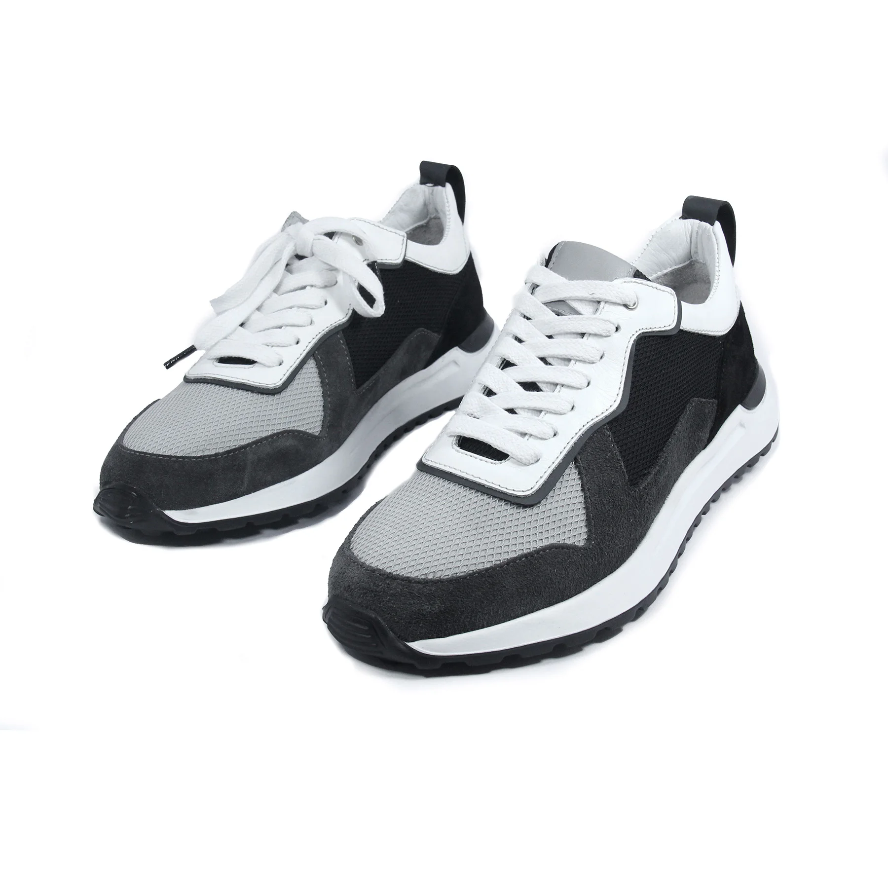 Handmade Sport Running Shoes with Lightweight EVA Sole, White Gray Real Calfskin Leather & Suede, Men's Sneakers