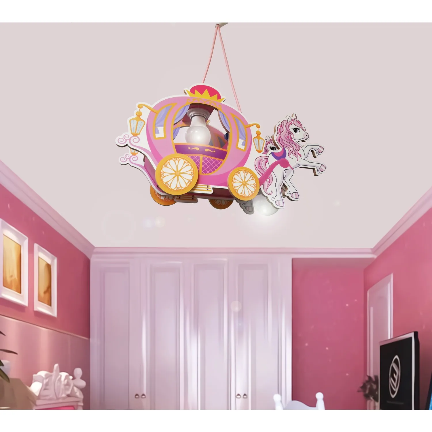 Wooden Princess Carriage Kids Room Lighting Pendant Lamp Bedroom Home Kids Baby Girls Hanging Ceiling Chandelier Decor Fixture Wooden Luxury Modern Chandelier Princess Carriage Lamp Home Kids Room Baby Colorful Lightin