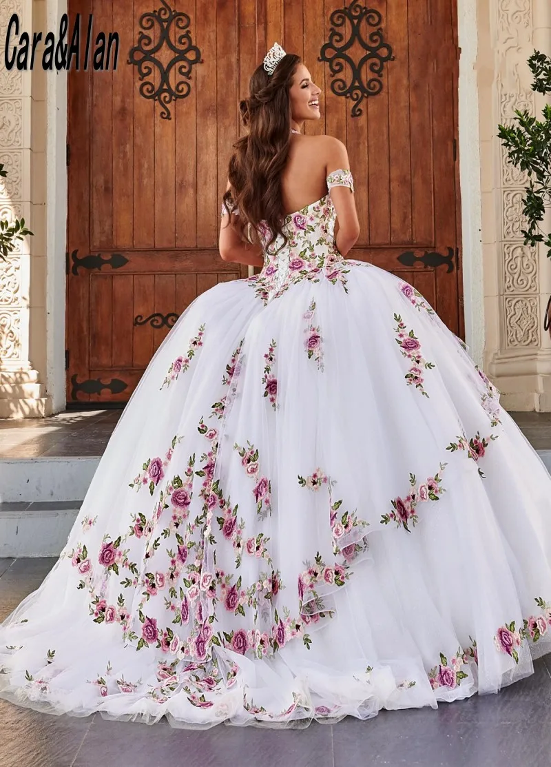 Charro Vestido De Xv Años Wit Quinceanera Jurken Met Bloemen Applique Kralen Mexicaanse Zoete 15 Verjaardag Prom Jassen