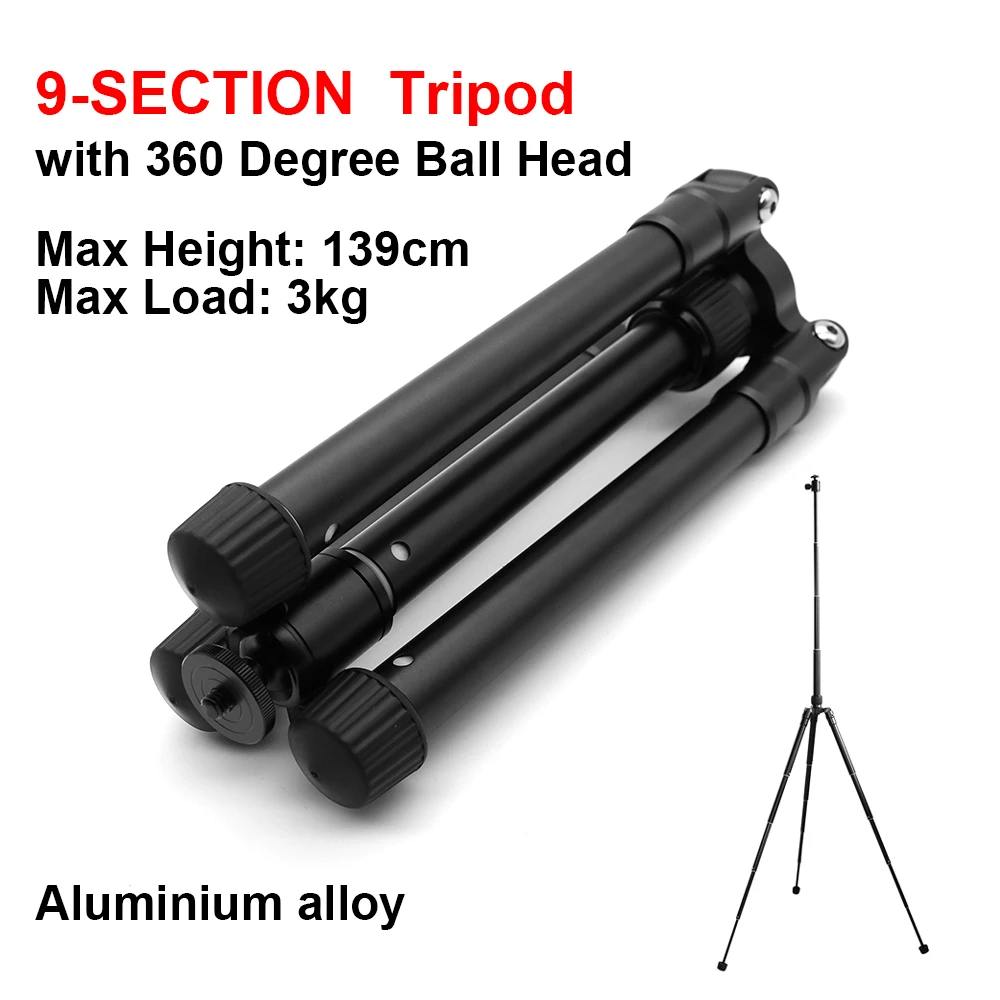 9-SECTION Foldable Tripod Stand with 360 Degree Ball Head Max Height 139cm Max Load 3kg Lightweight for cameras / smartphones