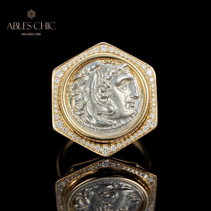 18K Gold Authentic Byzantine Ancient Silver Coin Heracles Ring Natural Diamond 0.41ct Roman Vintage Rings