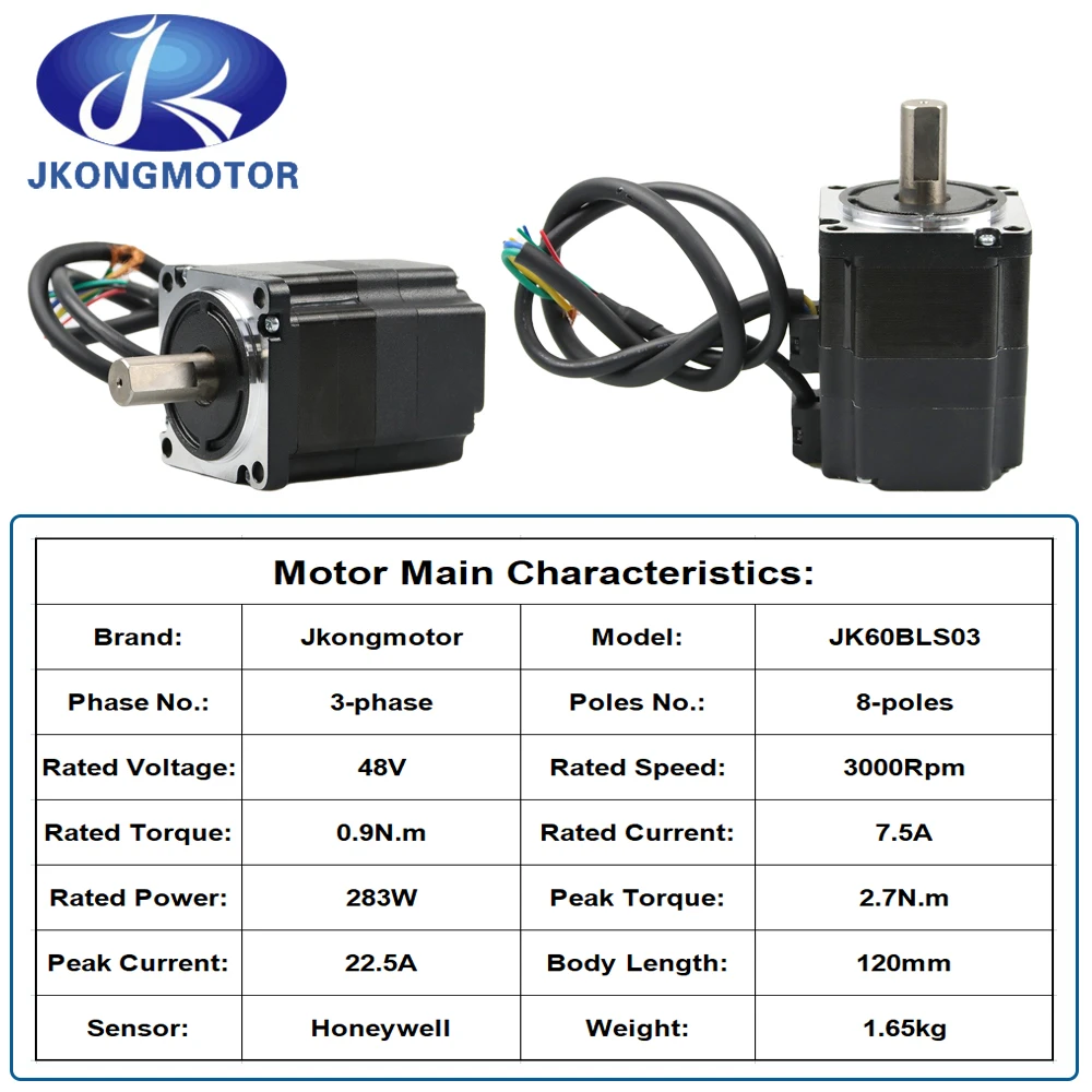 Jkongmotor 48V 283W 0.9N.m 4000rpm 120mm 3 phase DC Brushless Motor JK60BLS03 BLDC Motor and JKBLD480 480w DC Motor Driver