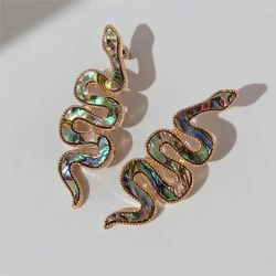 HUANZHI 2022 Vintage Leather Abalone Shell Snake Shaped Stud Earrings Geometric Irregular For Women Girls Party Jewelry Gifts