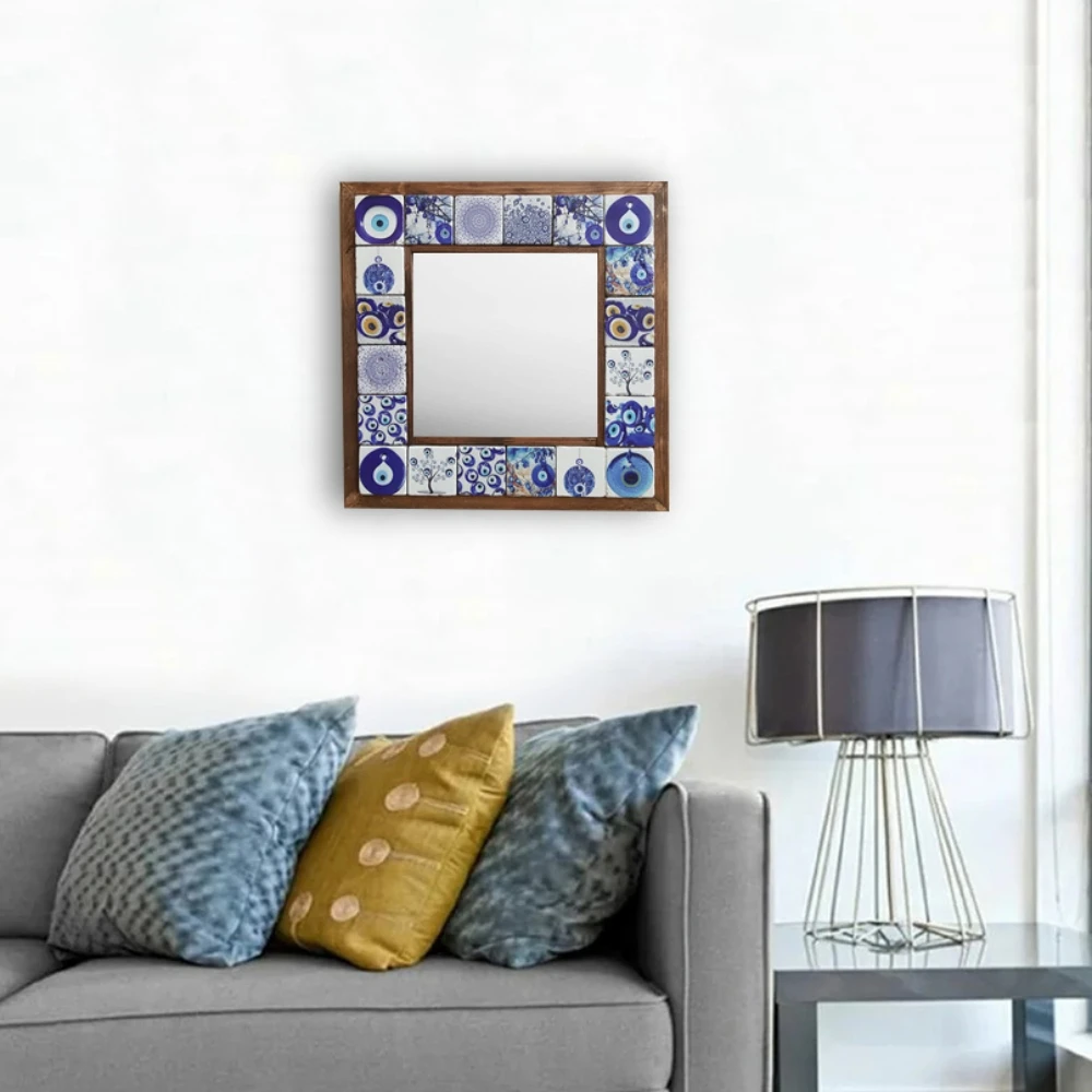 

Handmade Wall Mirror Decorative Natural Stone Wooden Framed Art Decor Vintage Mosaic Printed Tile Square Gift Hang 33cmx33cm