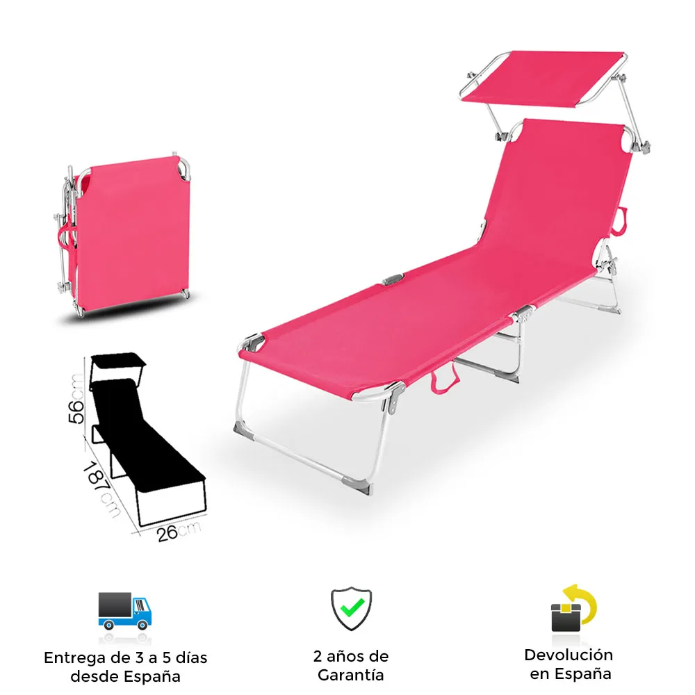 Folding sun lounger with fuschia parasol, practical, nice design, comfortable, durable, summer, terrace, pool, beach, garden, lounger, garden chair