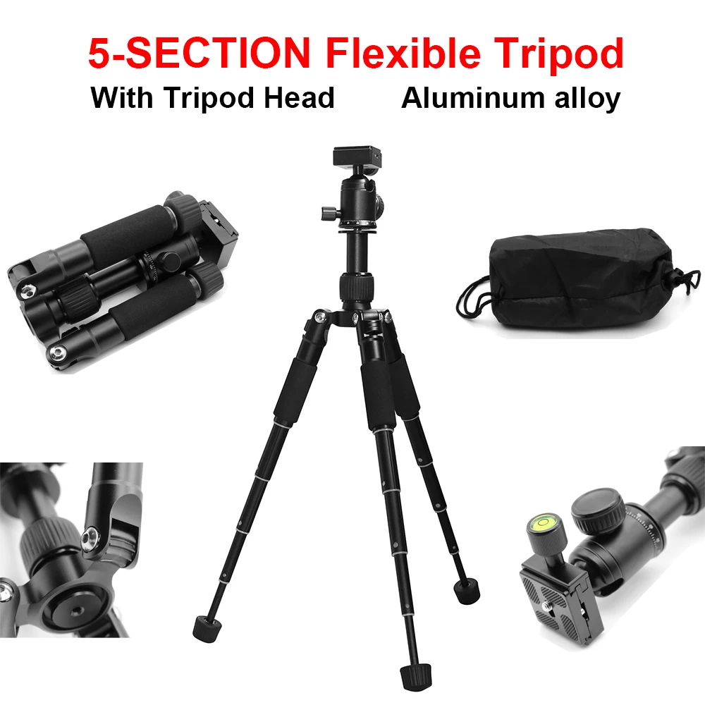 

5-SECTION Flexible Tripod with 360 Degrees Tripod Head 51cm 771g Foldable Lightweight Tabletop Video Mini Tripod for cameras