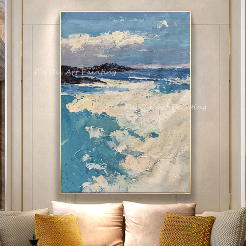 

Large Size 100% Handpainted ocean seaside abstract thick blue and grey canvas landscape Oil Painting Modern Living Room Decor