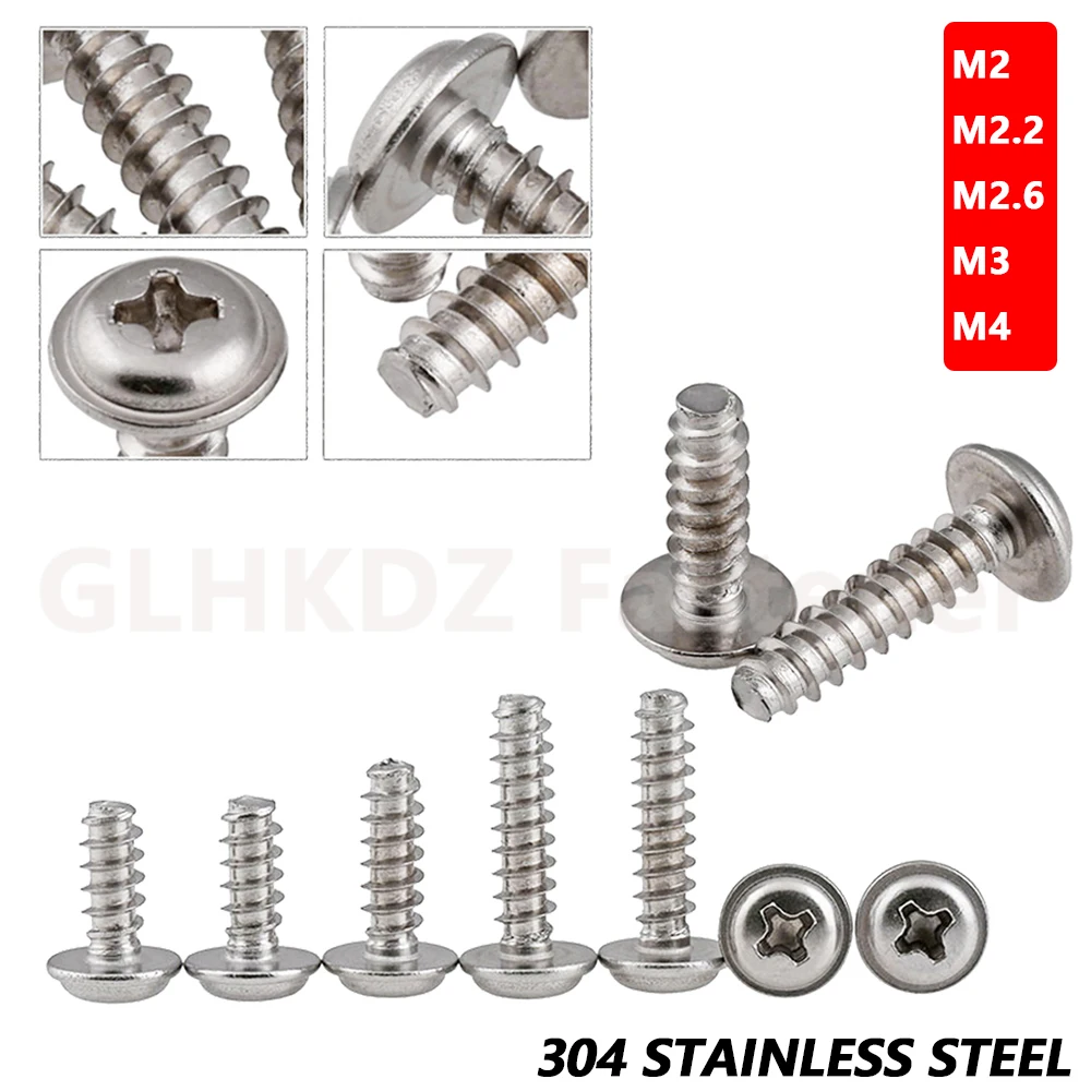 

M2 M2.2 M2.6 M3 M4 PWM Pan Round Head with Washer Self Tapping Bolts Cross Phillips Wood Screws Flat Tail A2 304 Stainless Steel