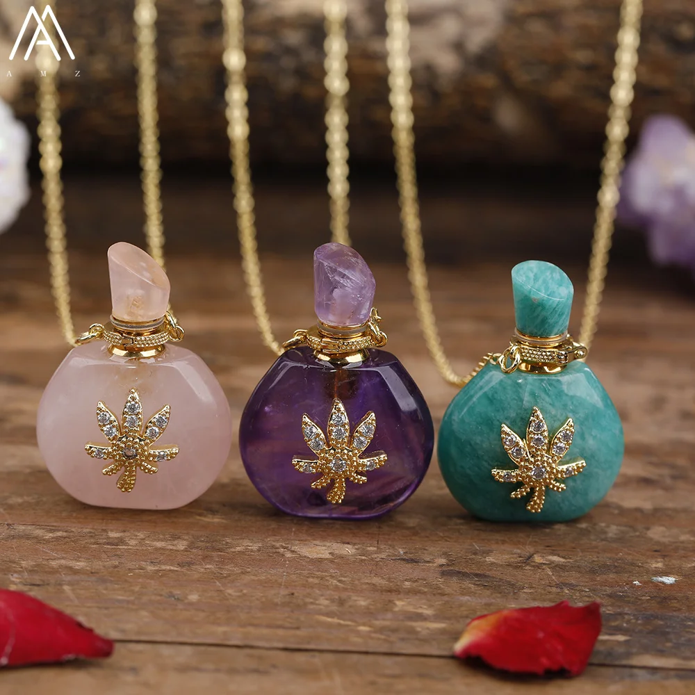 Natural Roses Amethyst Crystal Perfume Essential Pendant For Women Elegant Turquoises Lapis Healing Necklace Jewelry Dropship