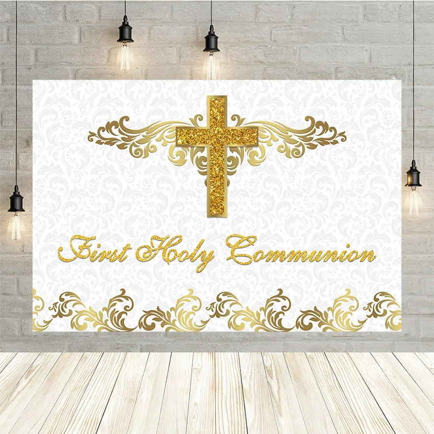 

Mehofond First Holy Communion Backdrop Gold Cross God Baptism Angel Photography Background Christening Photo Studio Photozone