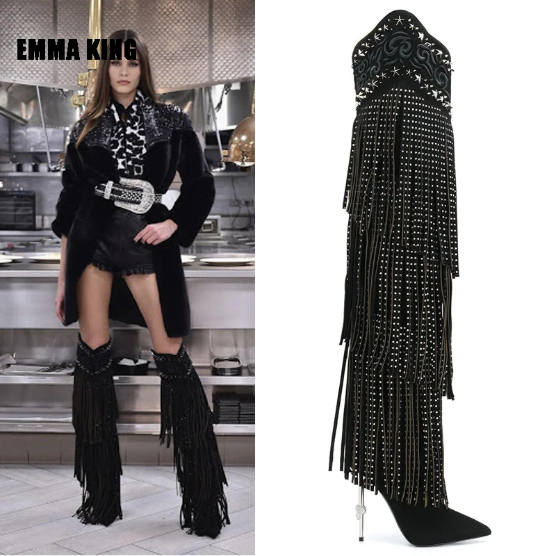 

2021 Women's Autumn Boots Over The Knee Boots Crystal Tassel Booties Hand Embroidery Women's Boots Metal High Heel Bohemian Boot