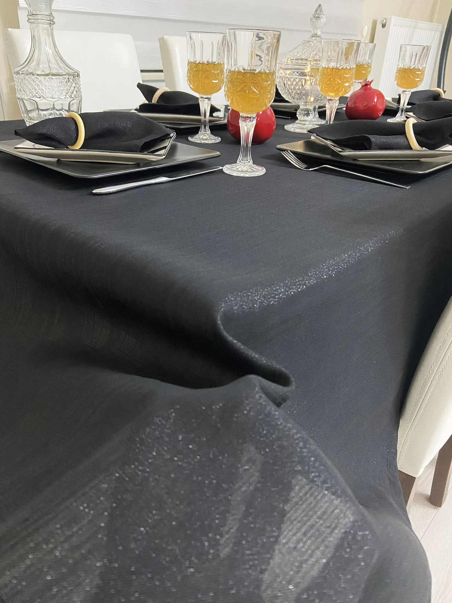 Black Linen Look Silvery Tablecloth 6 Napkins Rings Round Wedding Christmas Baby Shower Birthday Banquet Decor Dining Set