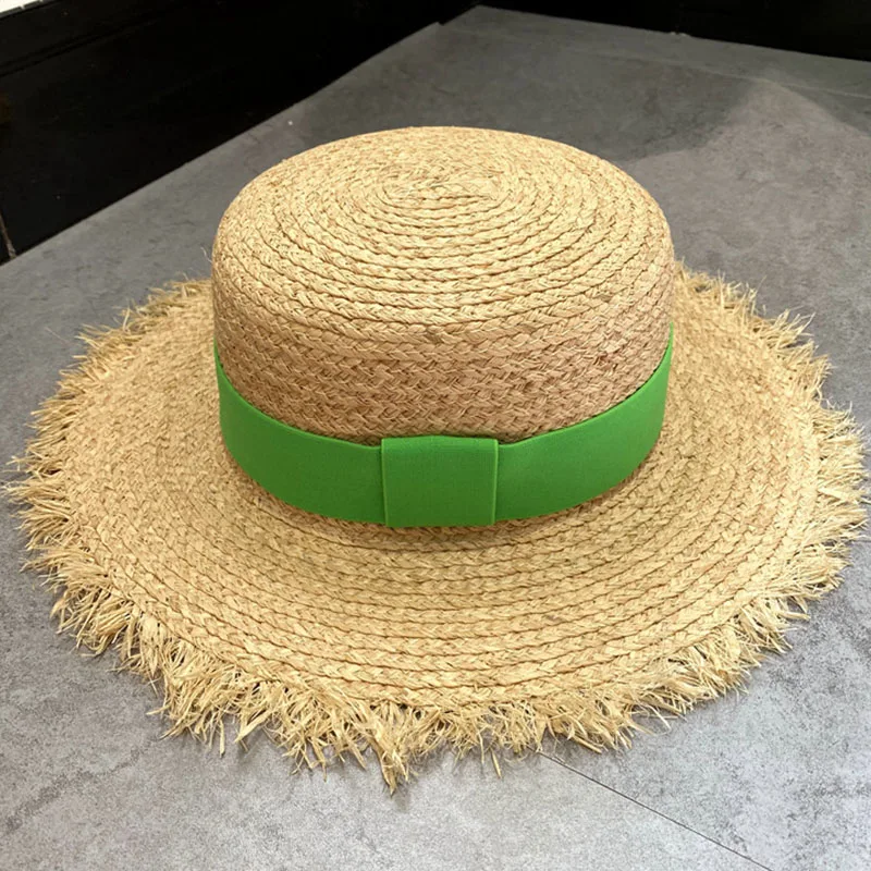 Women Sun Hat Wide Brim Straw Hat Fringed Raffia hats Flat UPF 50+ Summer Boater Hat Ribbon Beach Hat Kuntucky Derby Hat Travel