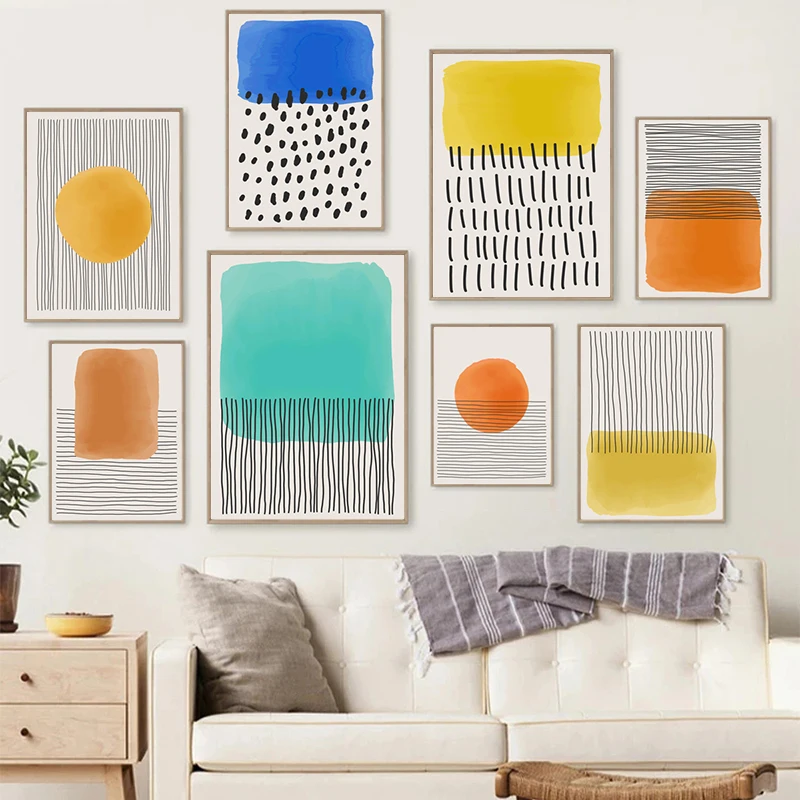 Modern Abstract Geometric Posters and Prints Yellow Orange Blue Minimal Line Art Canvas Painting Wall Pictures Living Room Decor