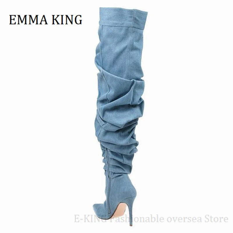 Buty zimowe damskie zakolanówki niebieskie Denim Slouchy na buty do kolan boczny zamek błyskawiczny szpiczasty nosek wysokie obcasy buty damskie 2021