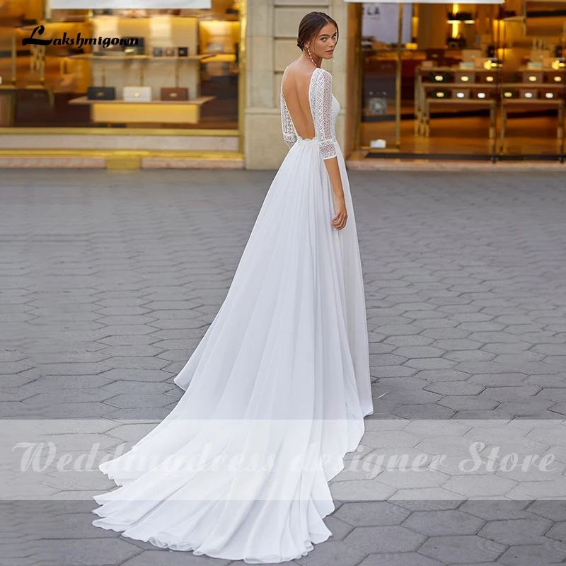 Lakshmigown Böhmischen Spitze Hochzeit Kleider 2023 Backless Mit Drei Vierteln Strand Chiffon Brautkleid für Braut vestido de novia