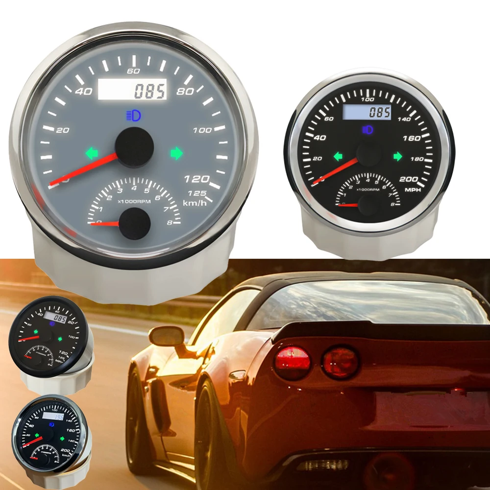 

RHAXEL Waterproof GPS Speedometer Speed Gauge Meter 125KM/H 0-200kmh 0-200MPH Tachometer 4000RPM 8000RPM Indication Light 9-32V