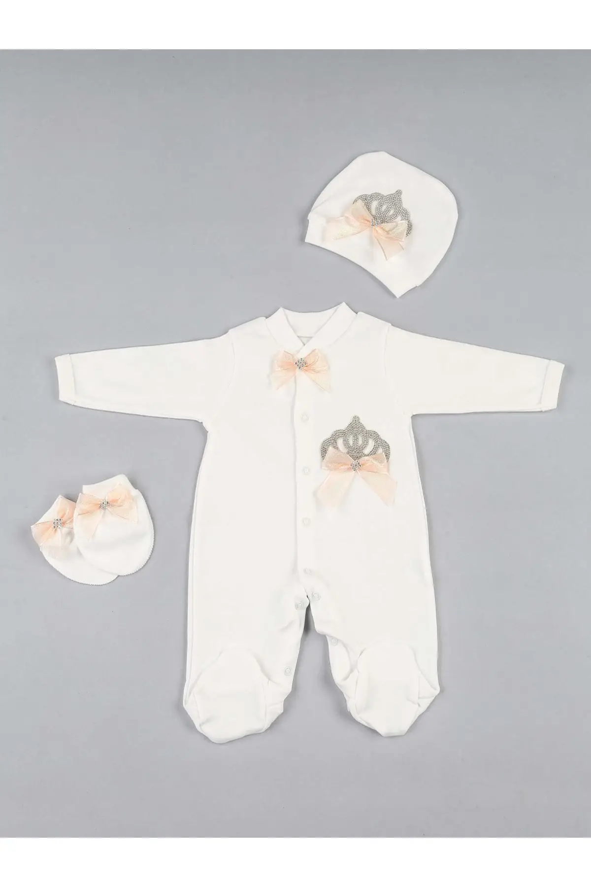 

Powder color baby girl princess rompers 3-piece suit overalls gloves hat cotton daily newborn hospital babies outlet models