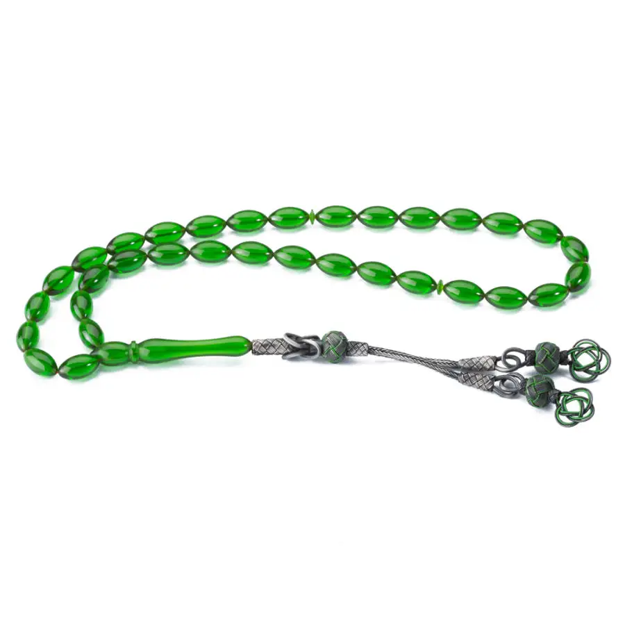 Silver Green Amber Gemstone Prayer Rosary Men Barley Cut Rosary With Silver Tassel Islamic Tasbih With Ornate Tassel 925k Silver