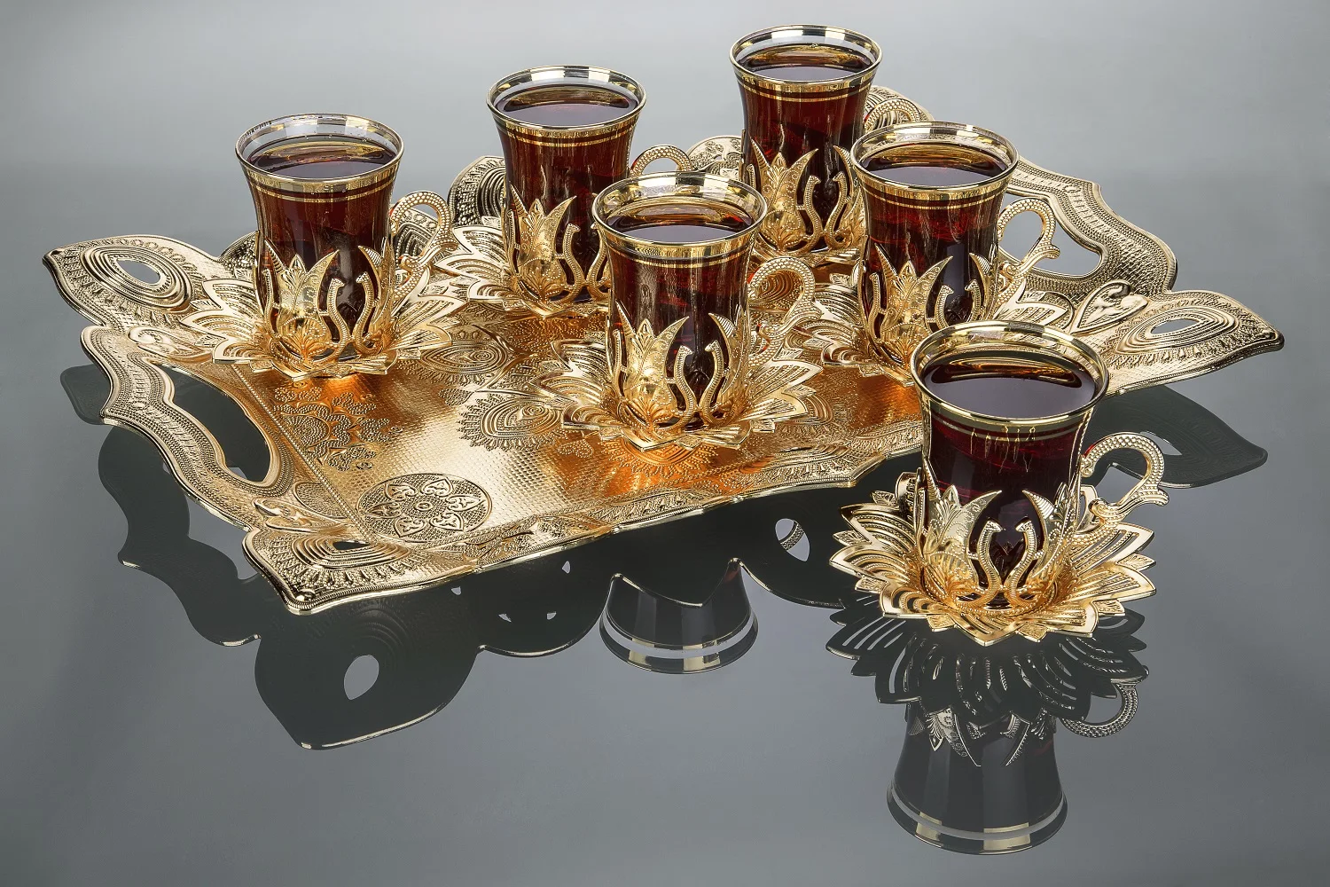 

Turkish Tea Glasses Cups Set Saucers Exotic Gold Kitchen Decoration