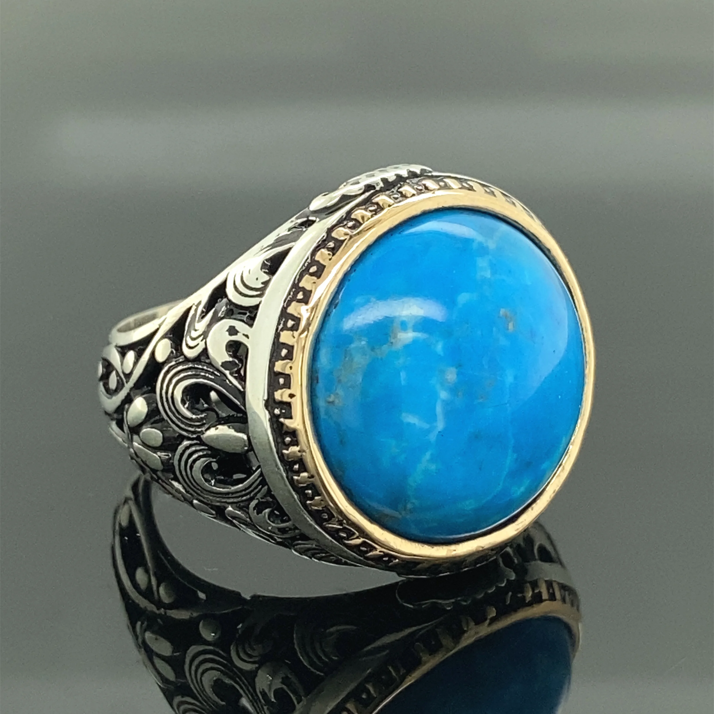 

Men Handmade Turquoise Ring , Round Turquoise Gemstone Ring , Turkısh Handmade Ring , Ottoman Ring , 925k Sterling Silver Ring ,