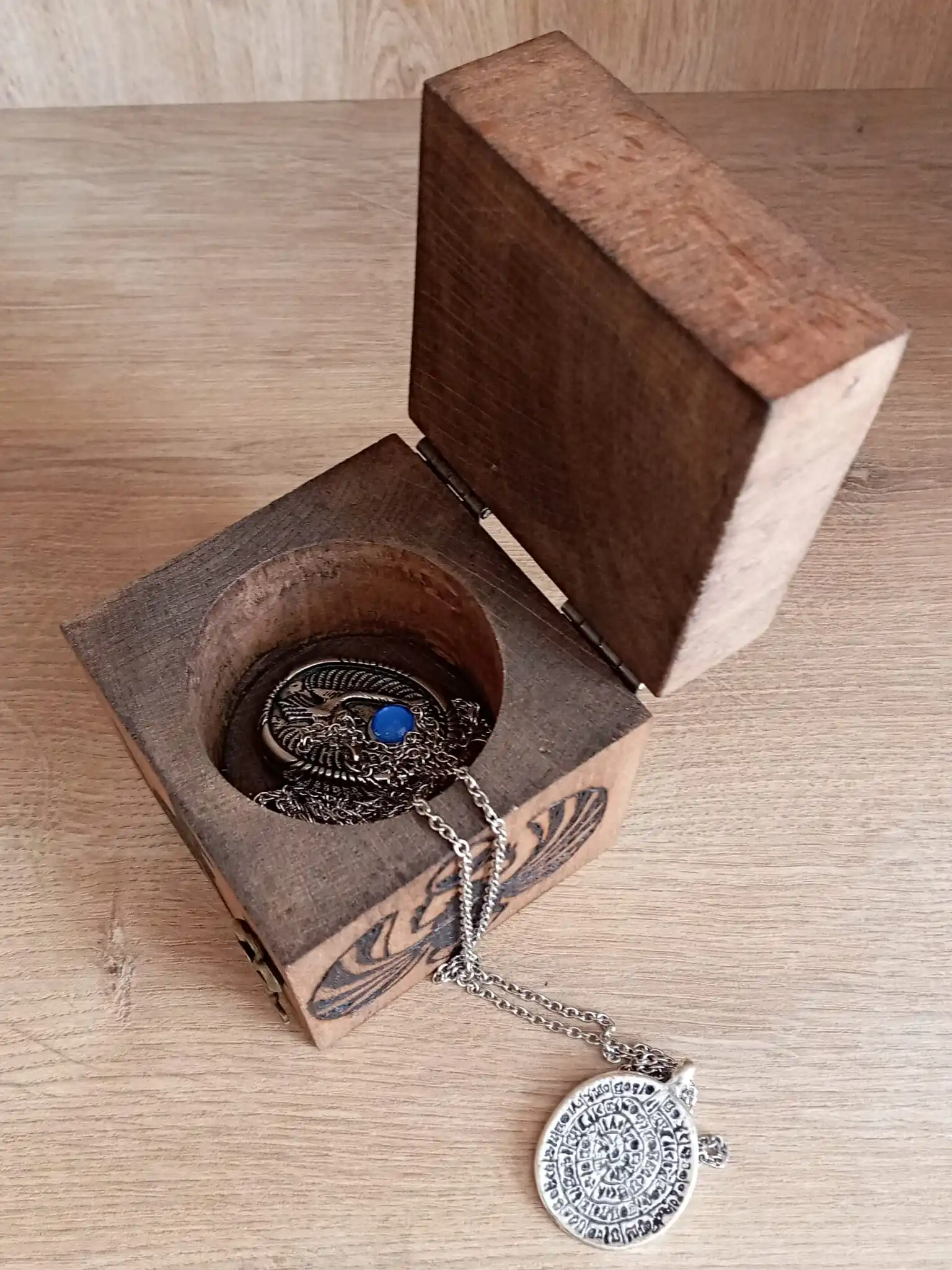 Ancient Egyptian Decor Rustic Wood Wedding Ring Necklace Box.