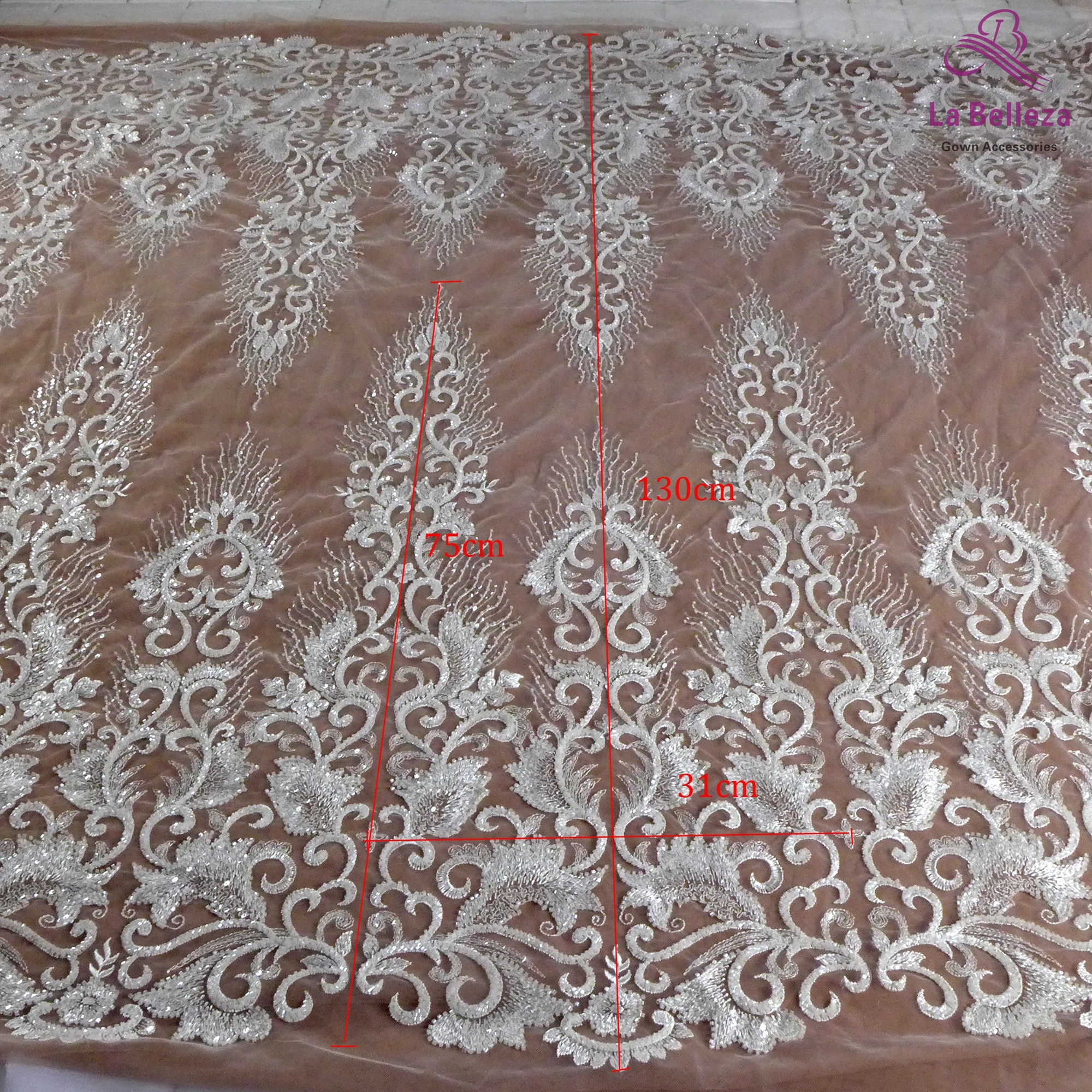 Lace fabric pattern White Embroidery beaded through bright piece wedding dress high-grade sewing fabric 1 yard