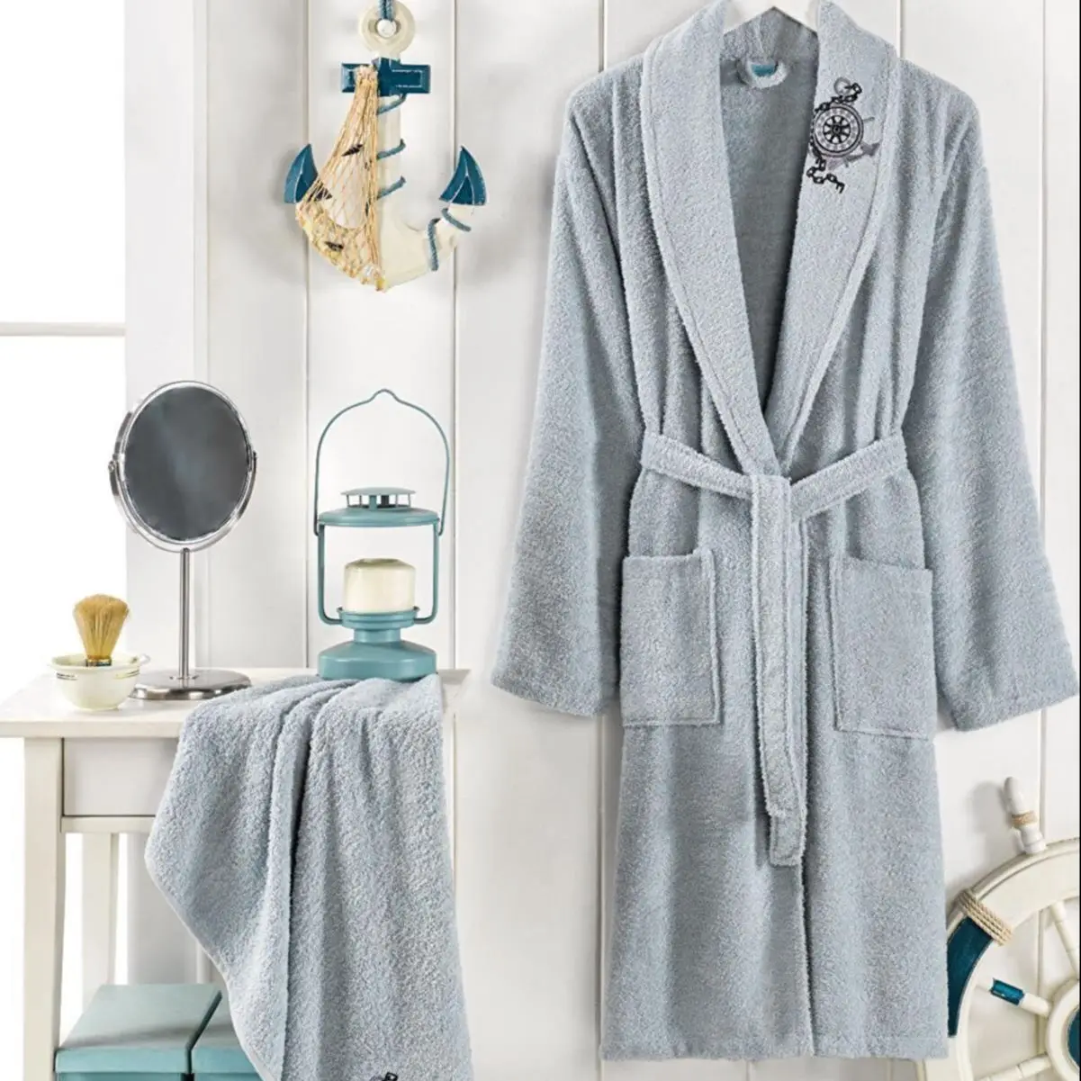 

2 Pcs Luxury Soft Cotton Ice Blue Bathrobe Set For Men 1 Bathrobe 1 Head Towel Bathrobe Set Nightrobe Sleepwear Home Wear Turkey