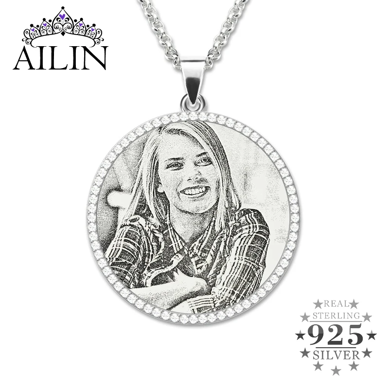 

AILIN Custom Photo Necklace Personnalise Picture Pendant Necklace for Women Men Silver 925 Cubic Zircon Medallions Jewelry Gift